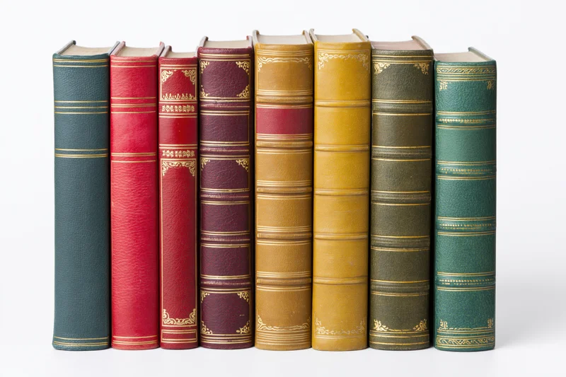 Nine vintage hardcover books standing upright in a row with decorative spines on white background