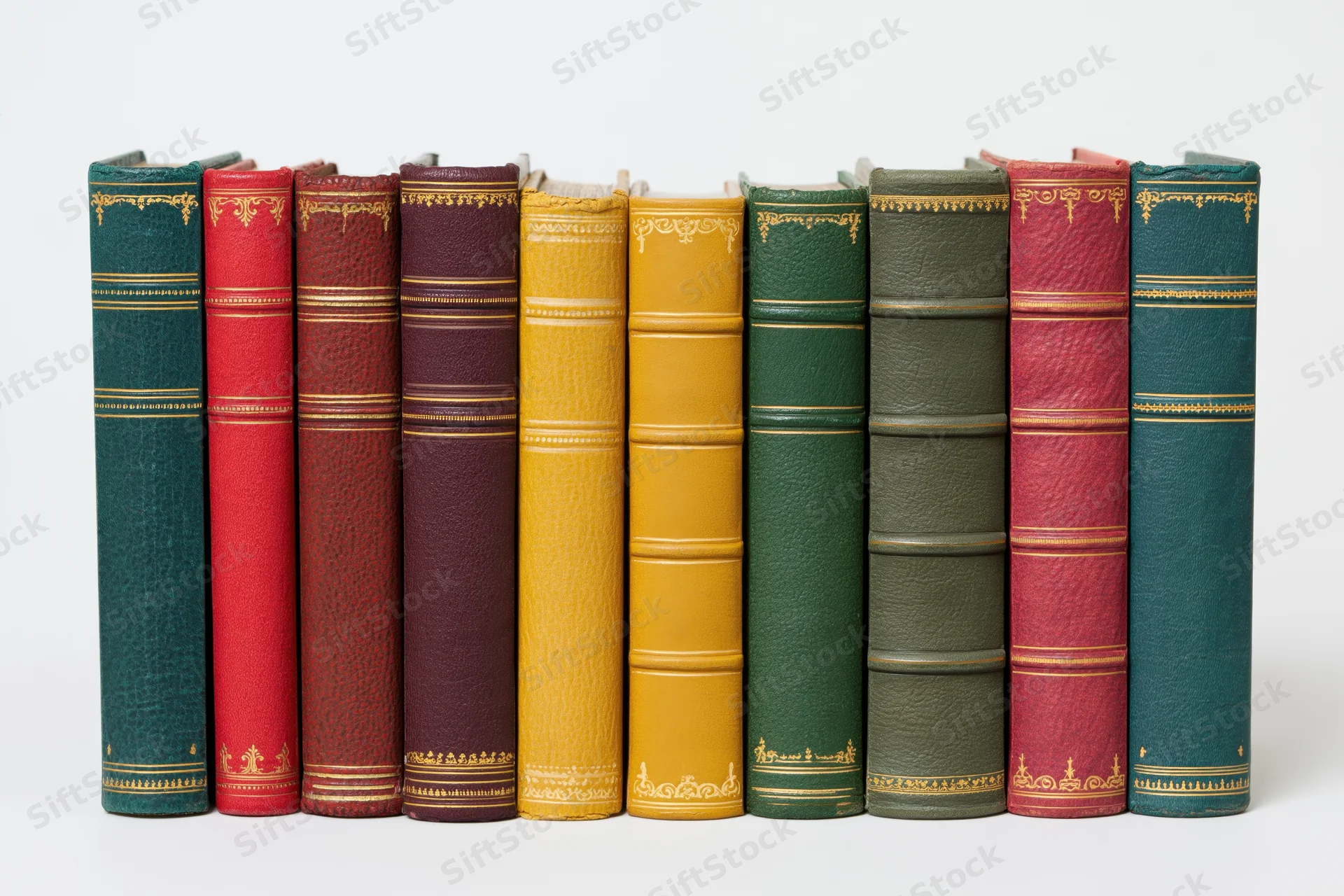 Nine vintage hardcover books standing upright in a row with spines visible against a white background