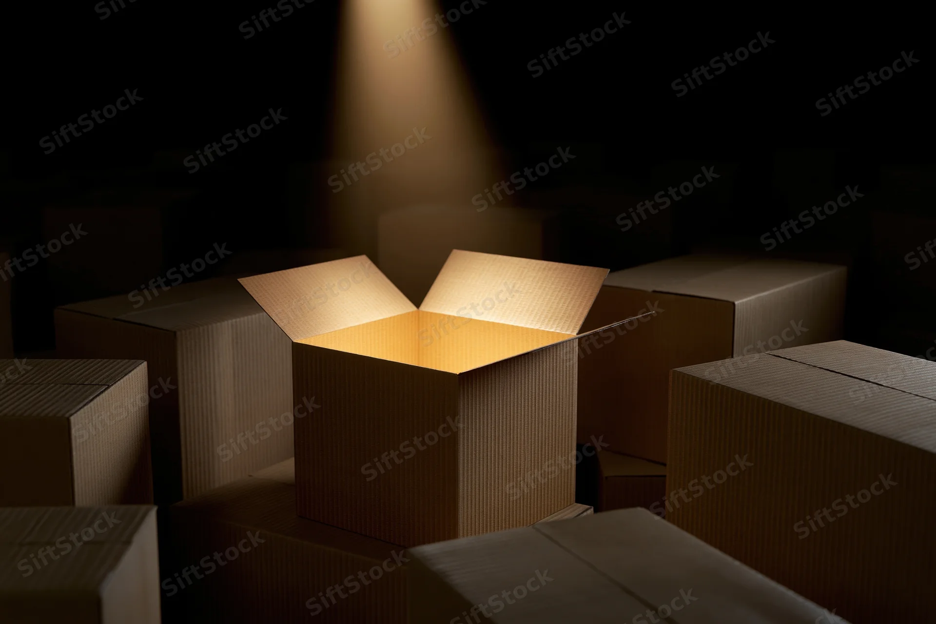 Open cardboard box glowing with warm amber light among stacked boxes in dark warehouse