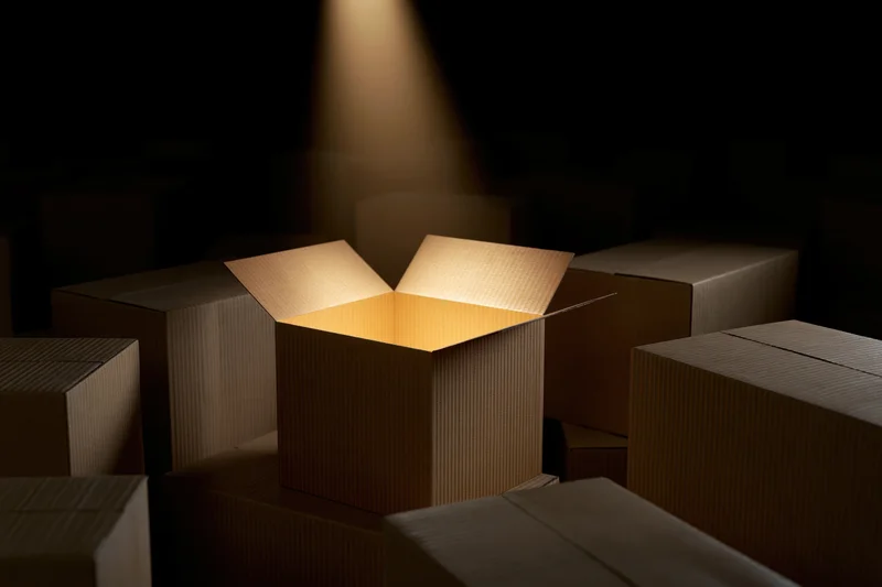 Open cardboard box glowing with warm amber light among stacked boxes in dark warehouse