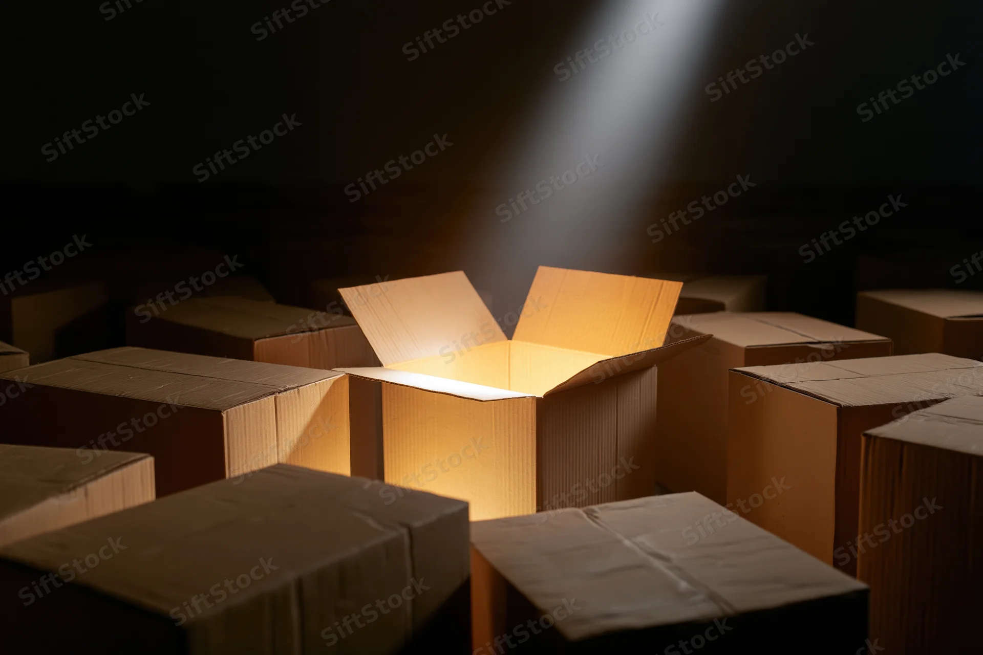 Open cardboard box glowing with warm amber light in dark warehouse surrounded by closed boxes