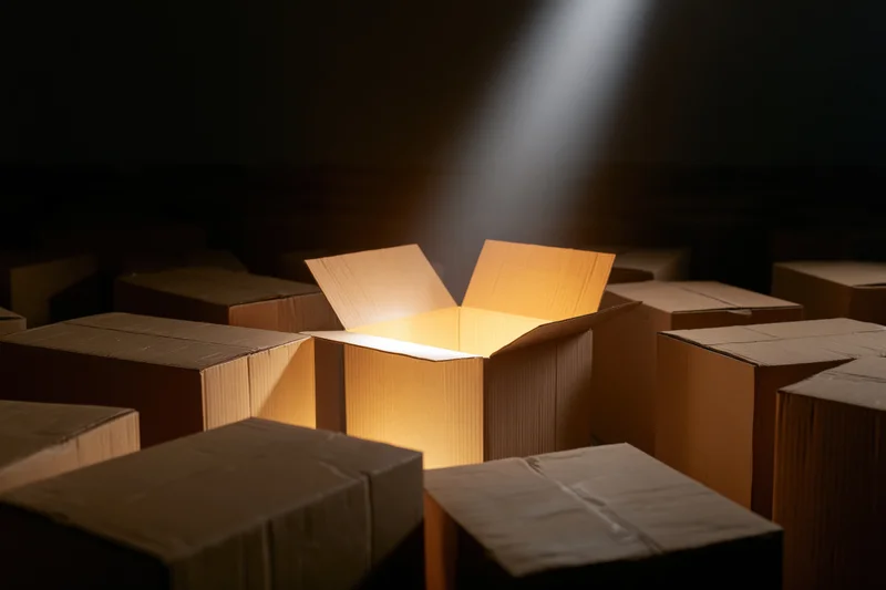 Open cardboard box glowing with warm amber light in dark warehouse surrounded by closed boxes