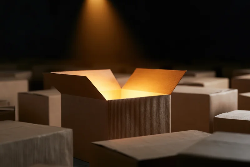 Open cardboard box glowing with warm amber light among stacked boxes in dark space