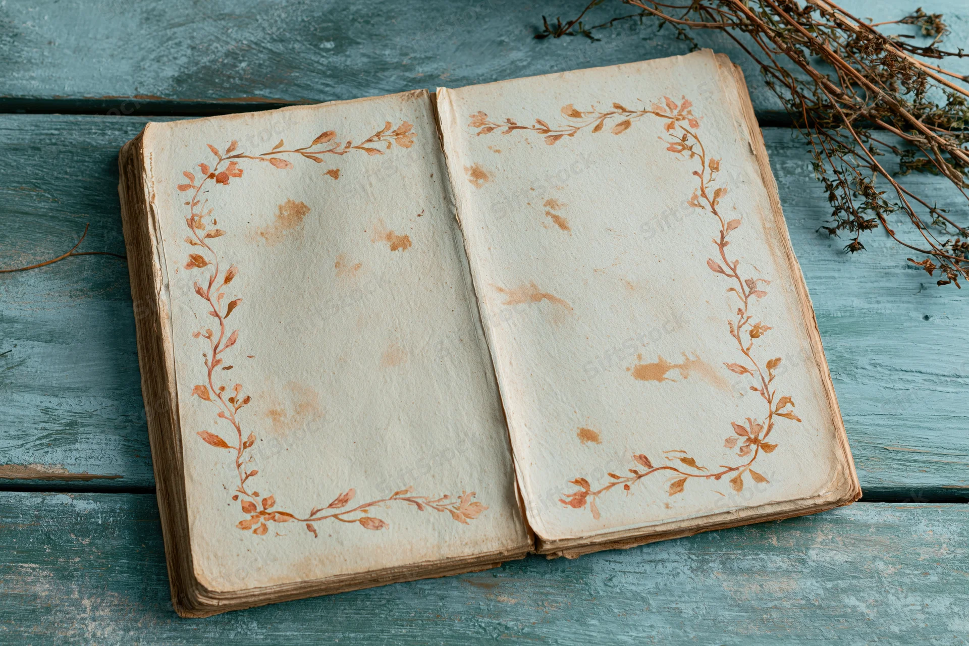 Open antique book with blank yellowed pages decorated with floral wreath lying on blue wooden surface with dried herbs nearby