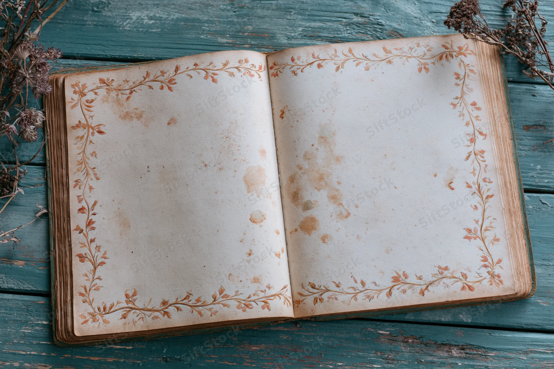 Open antique book with blank yellowed pages and floral border lying flat on teal wooden surface with dried flowers nearby