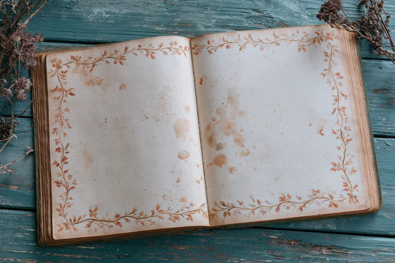 Open antique book with blank yellowed pages and floral border lying flat on teal wooden surface with dried flowers nearby