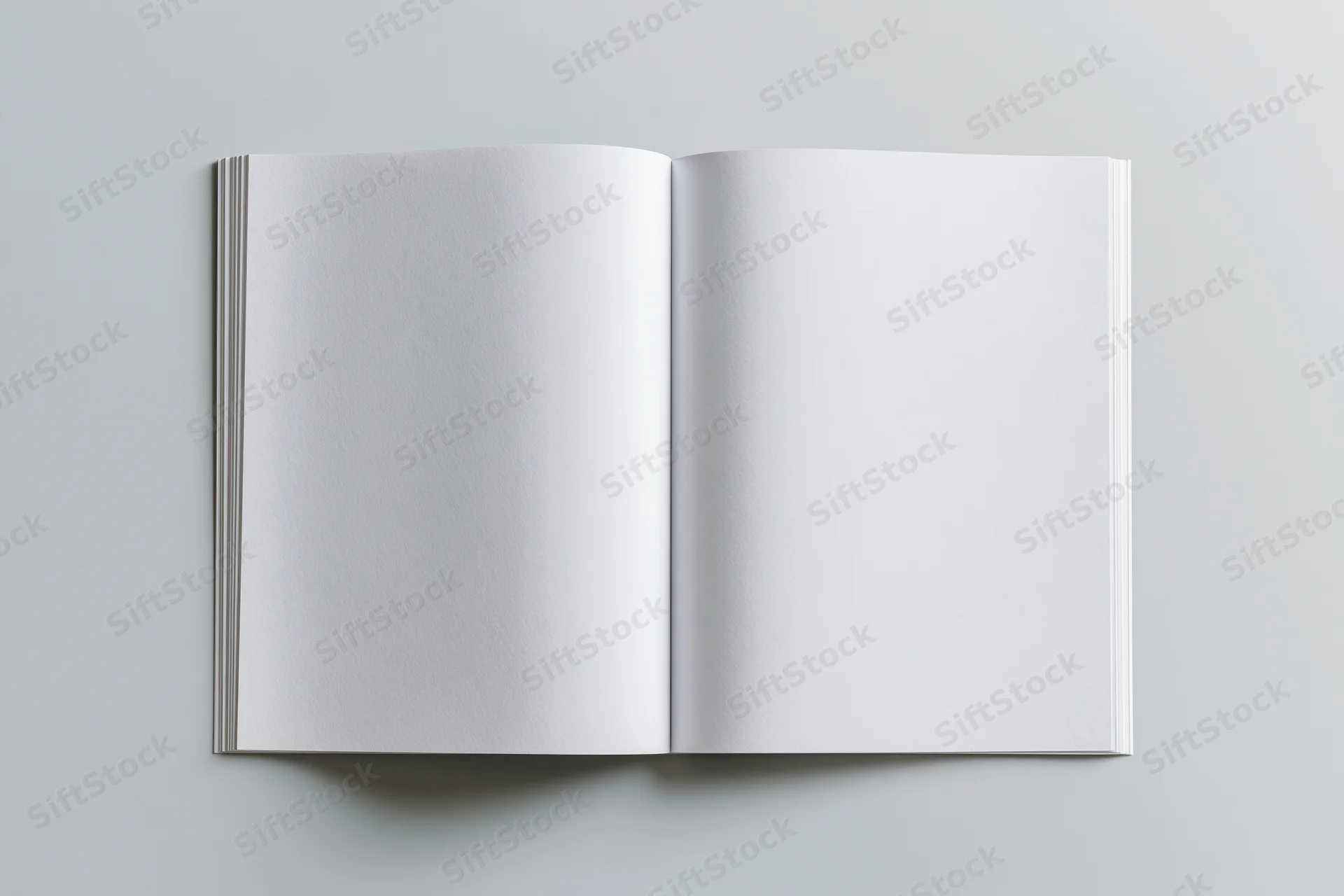 Open blank softcover book lying flat with both pages visible on a neutral gray surface