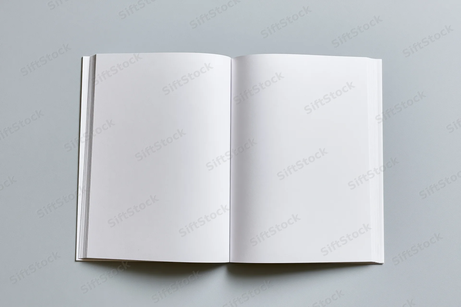 Open blank softcover book lying flat with both pages visible on gray surface
