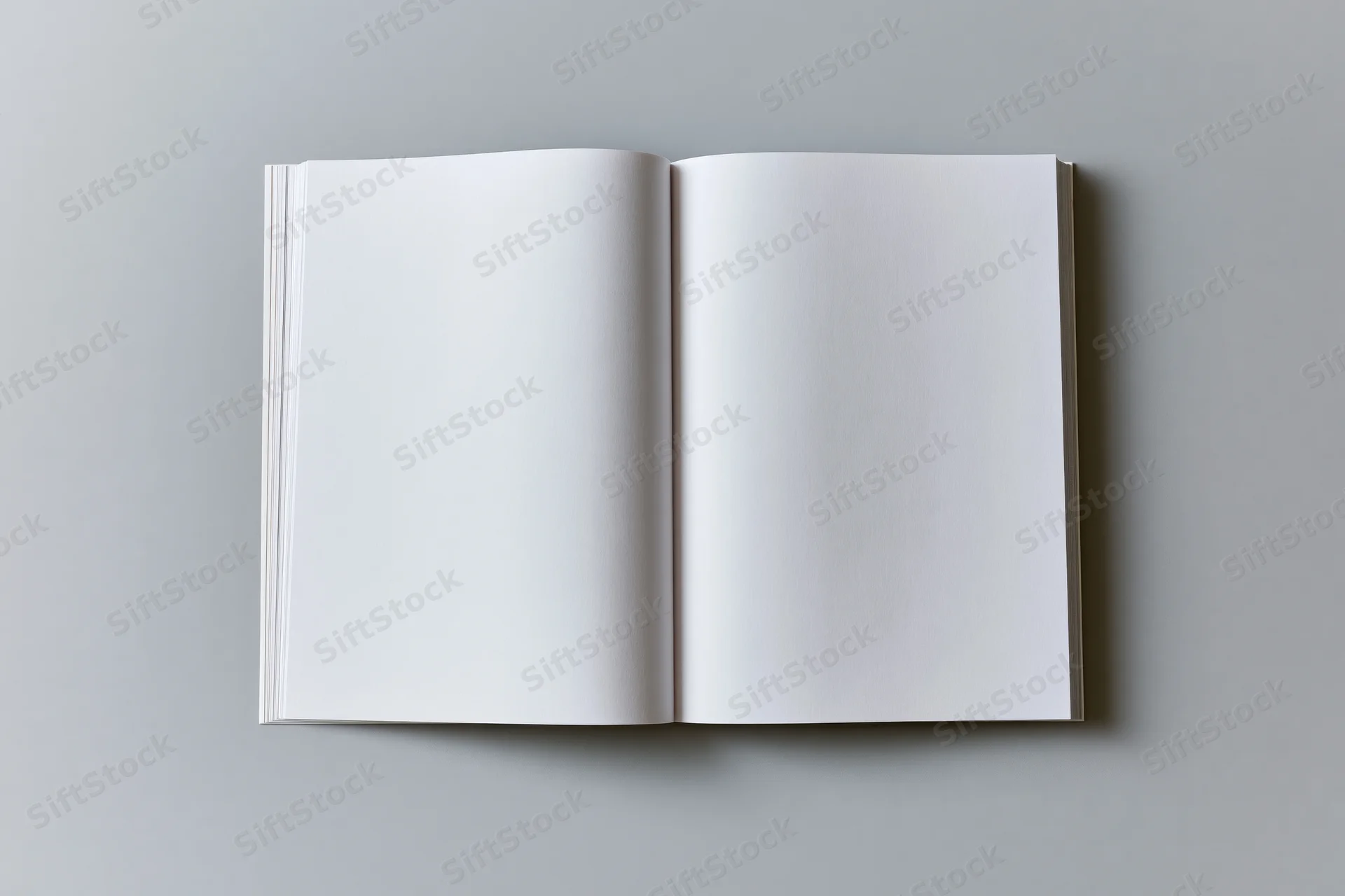 Open blank softcover book lying flat with both pages visible on a plain surface