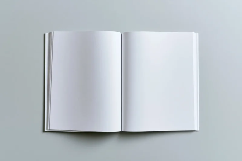 Open blank softcover book lying flat with both pages visible on a gray surface