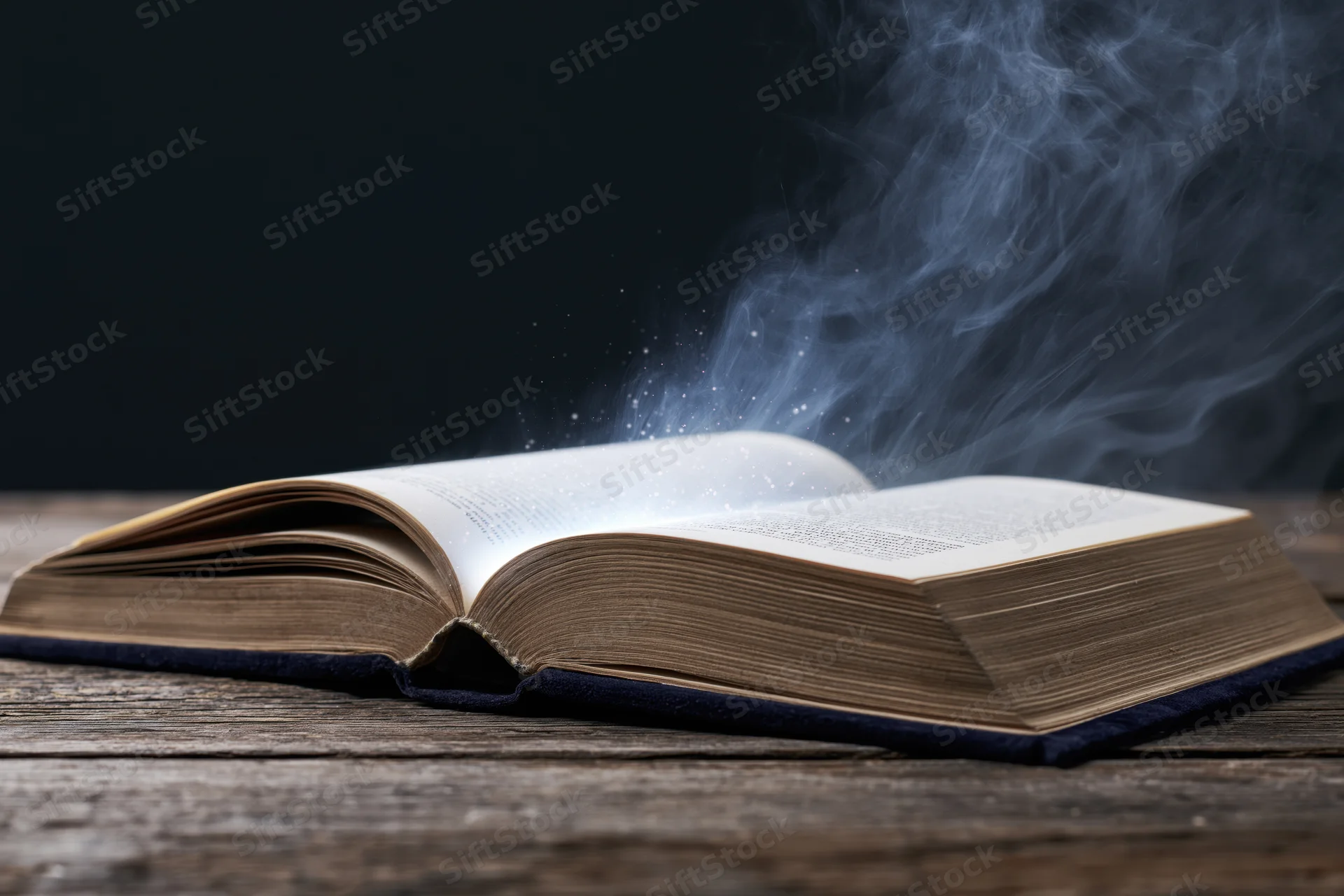 Open hardcover book lying flat on worn wooden table with smoke rising from pages