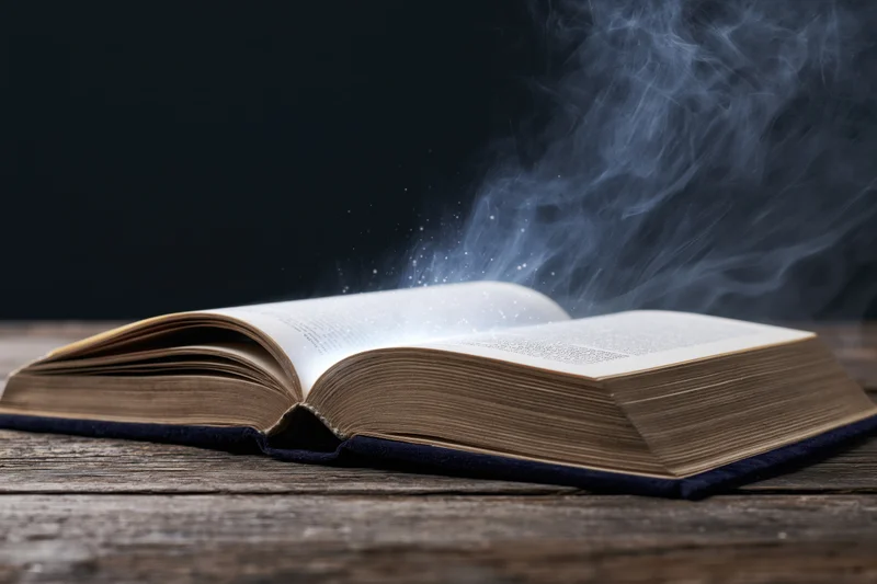Open hardcover book lying flat on worn wooden table with smoke rising from pages
