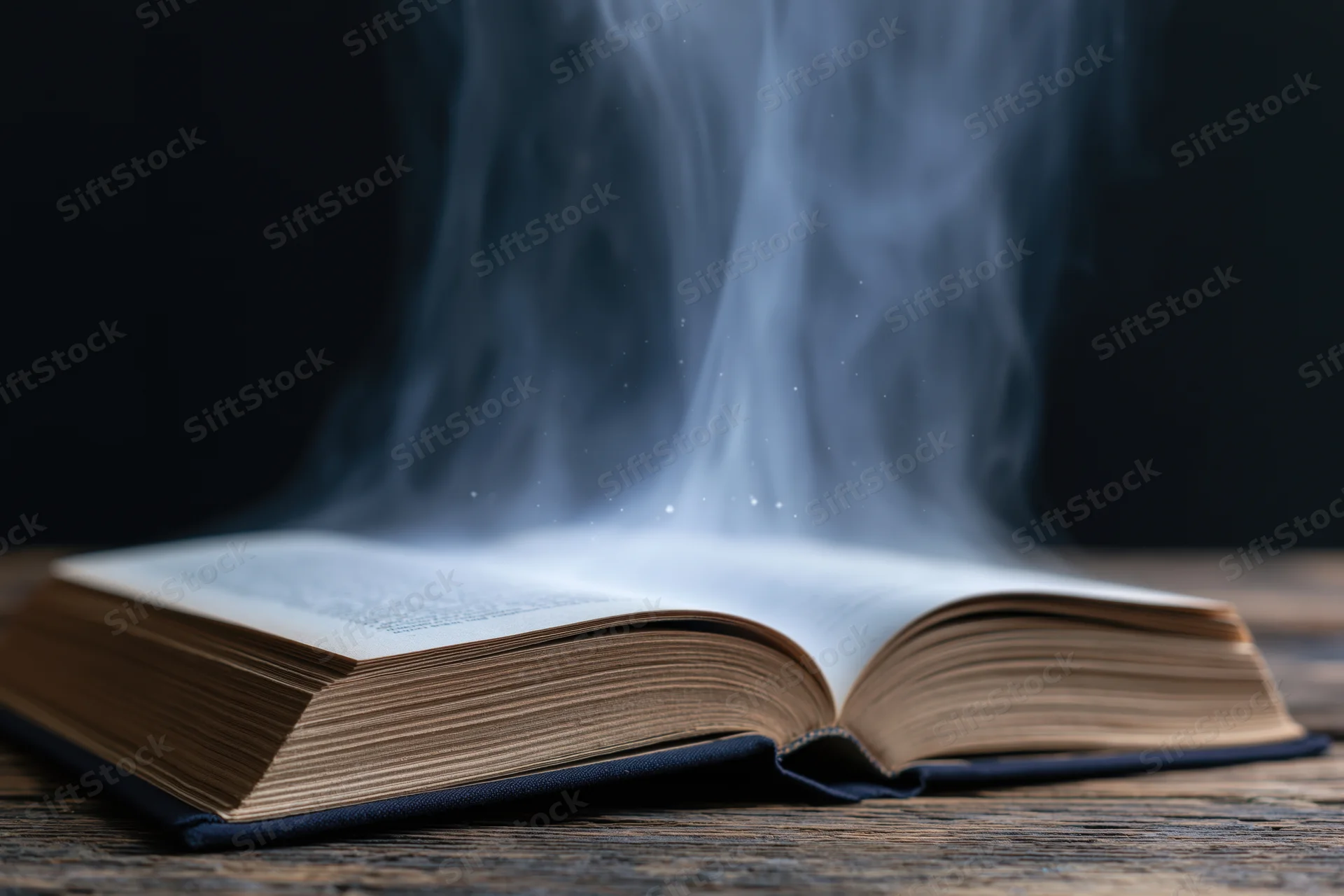 Open hardcover book with smoke rising from pages on a worn wooden table