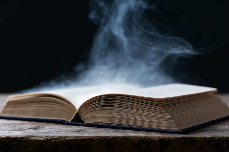 Open hardcover book lying flat on worn wooden table with smoke rising from pages