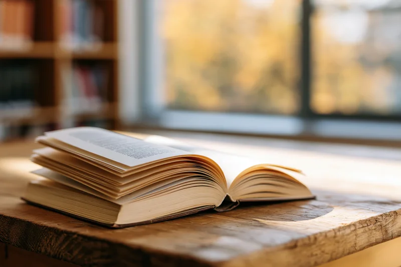 Open hardcover book resting on worn wooden library table by window with autumn light