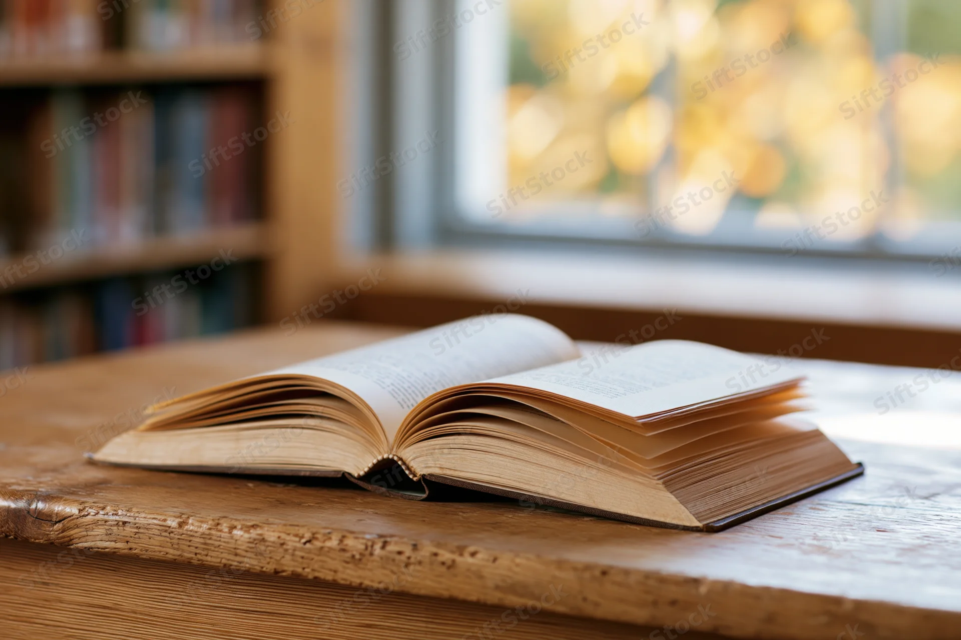 Open hardcover book resting on worn wooden library table near window with autumn foliage visible outside