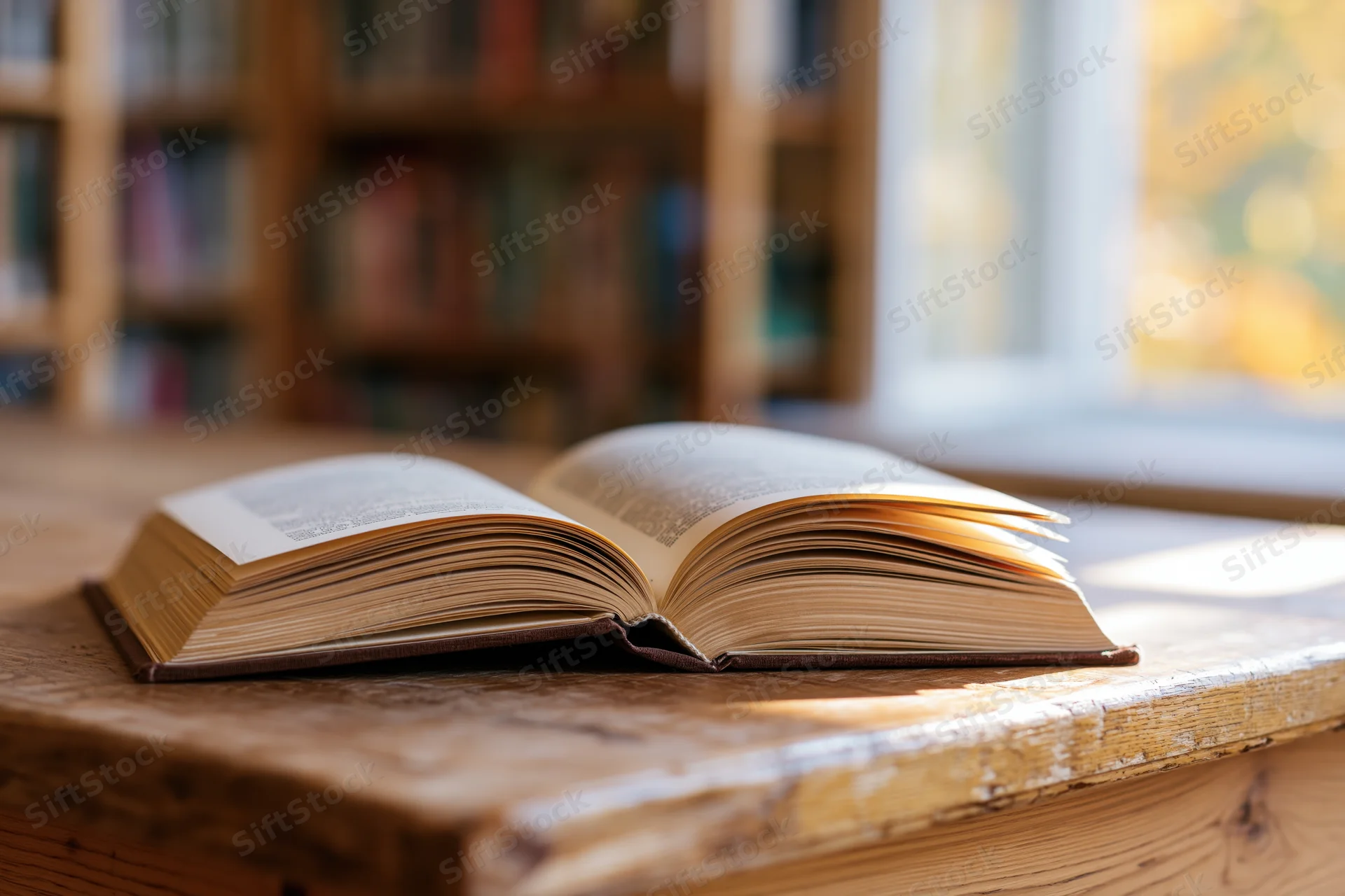 Open hardcover book resting on worn wooden library table near window with sunlight and bookshelves in background
