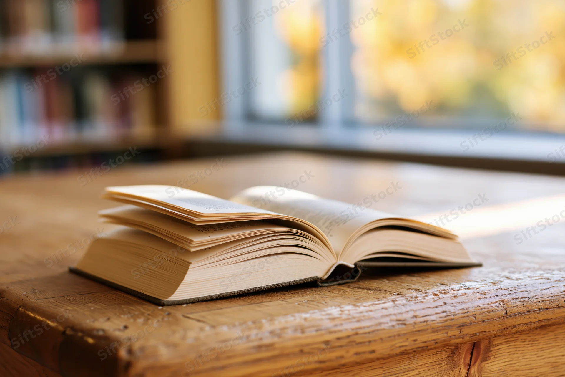 Open hardcover book resting on worn wooden library table near window with autumn light