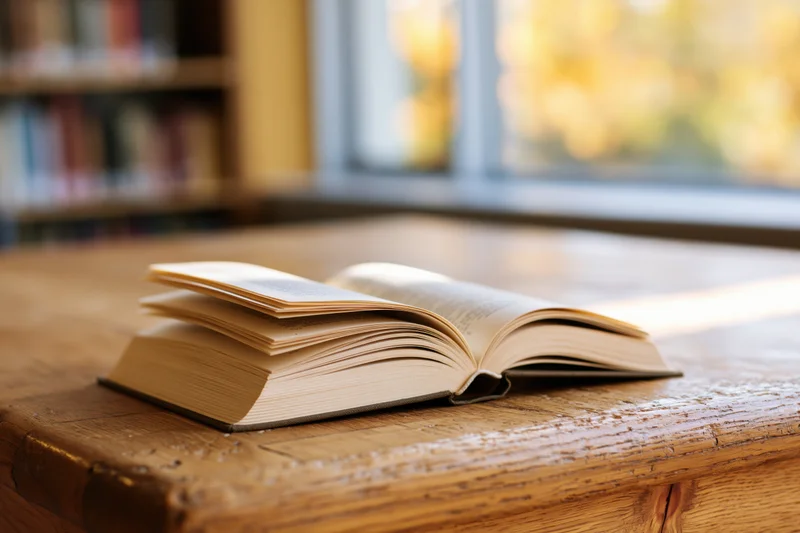 Open hardcover book resting on worn wooden library table near window with autumn light
