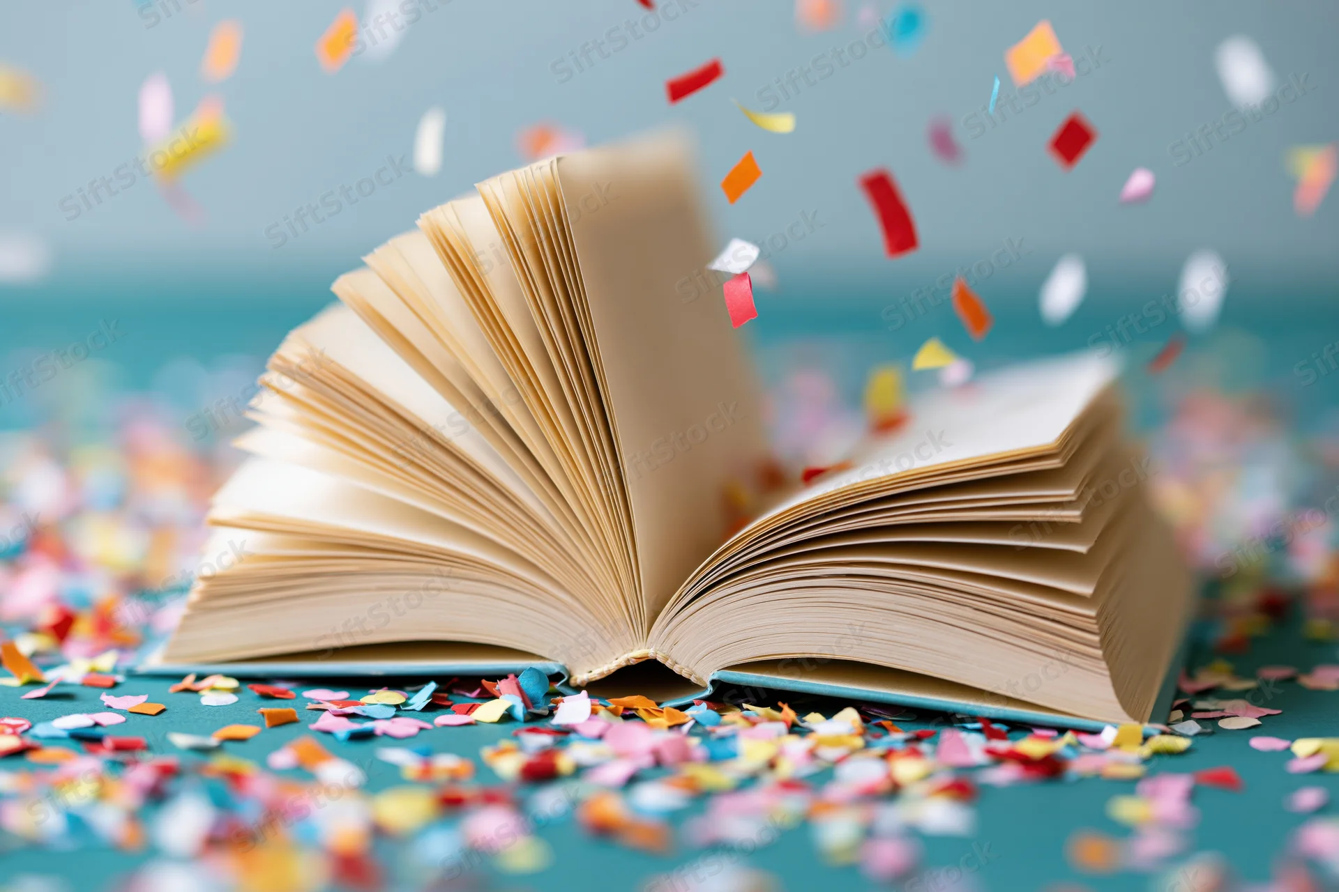 Open hardcover book with fanned pages resting on teal surface surrounded by falling confetti