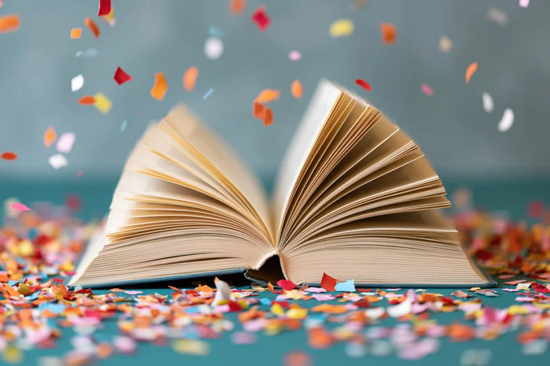 Open hardcover book with fanned pages resting on teal surface surrounded by falling colorful confetti