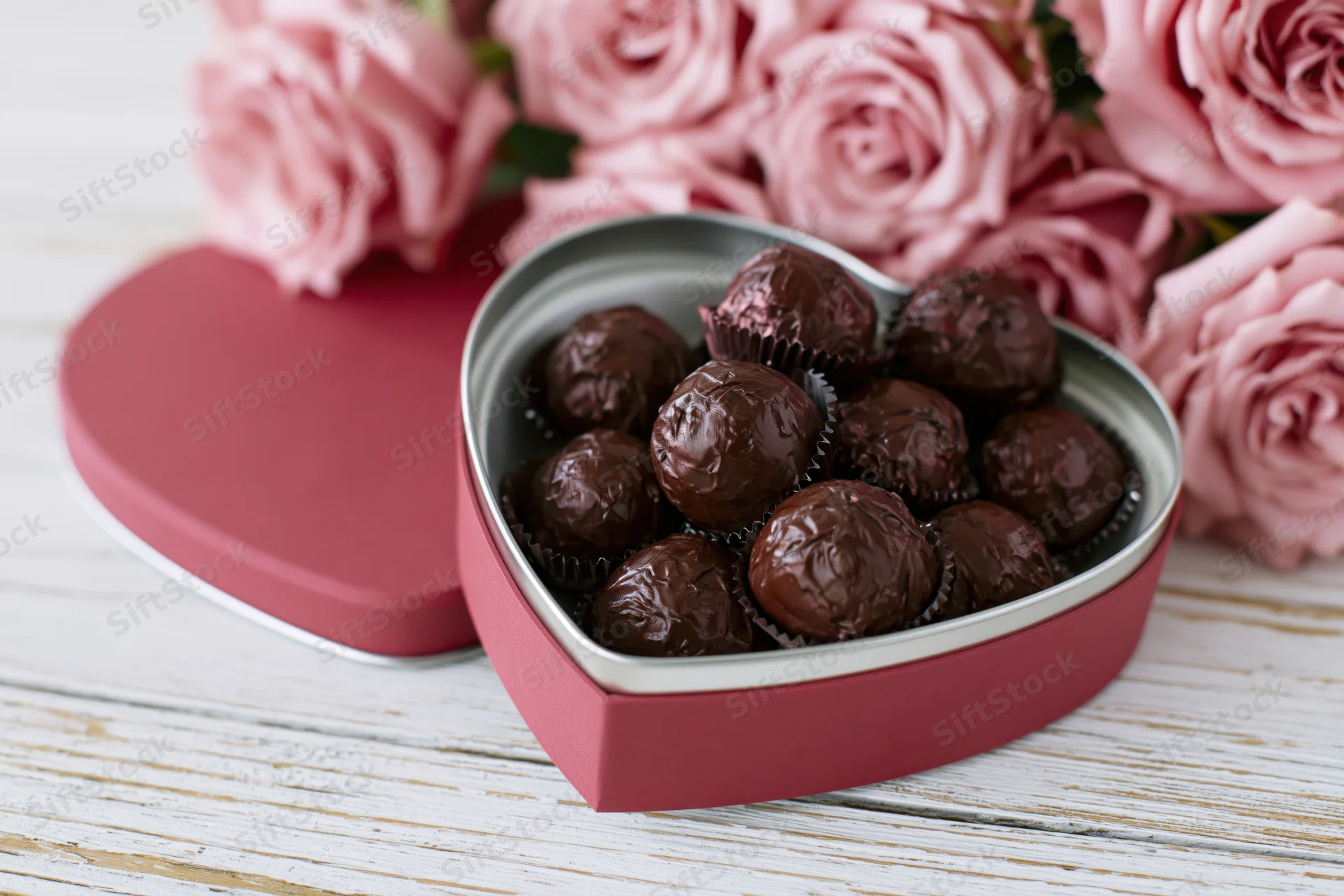 Open heart-shaped box of dark chocolate truffles on wooden surface with pink roses nearby