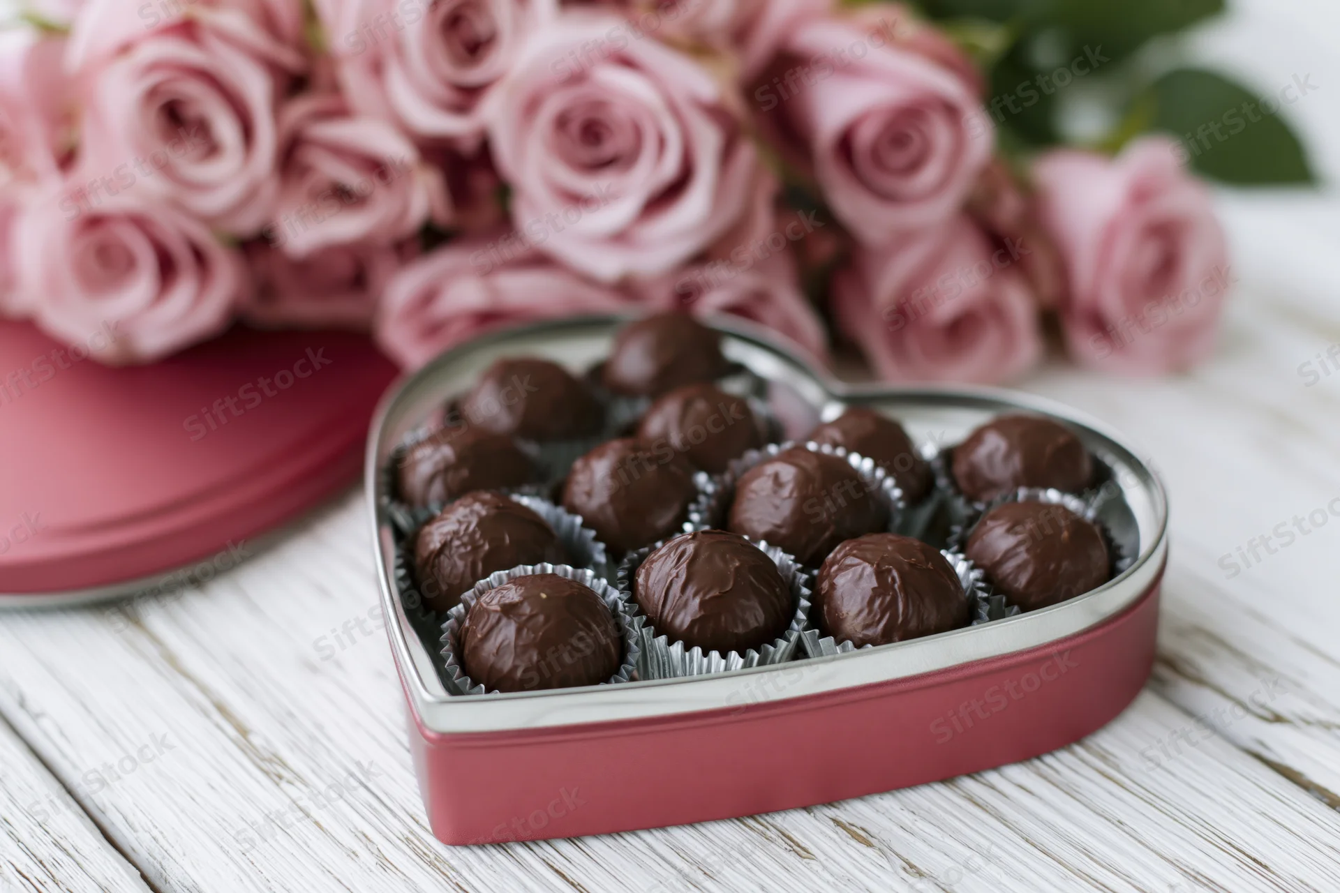 Open heart-shaped tin filled with dark chocolate truffles on a wooden surface beside pink roses