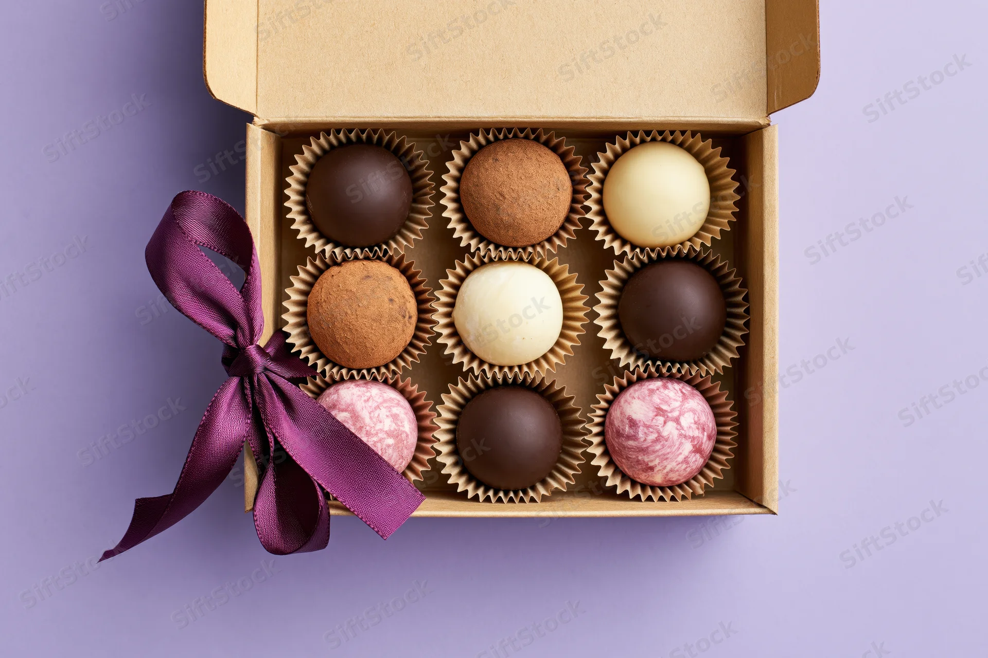Open kraft cardboard gift box holding nine assorted chocolate truffles arranged in grid with purple ribbon on purple background