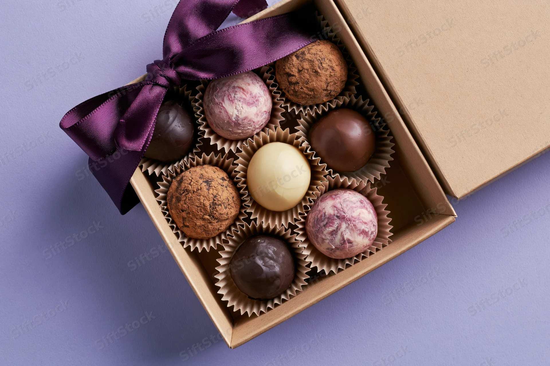 Open kraft cardboard gift box holding nine assorted chocolate truffles arranged in paper cups with a purple satin ribbon on a purple background