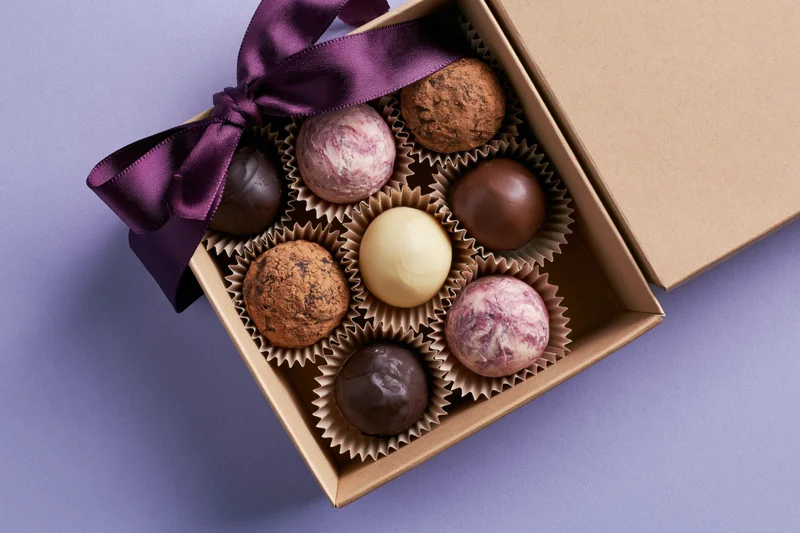 Open kraft cardboard gift box holding nine assorted chocolate truffles arranged in paper cups with a purple satin ribbon on a purple background