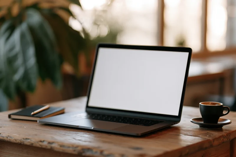 Open laptop with blank screen on worn wooden desk beside coffee cup and notebook near plant by window
