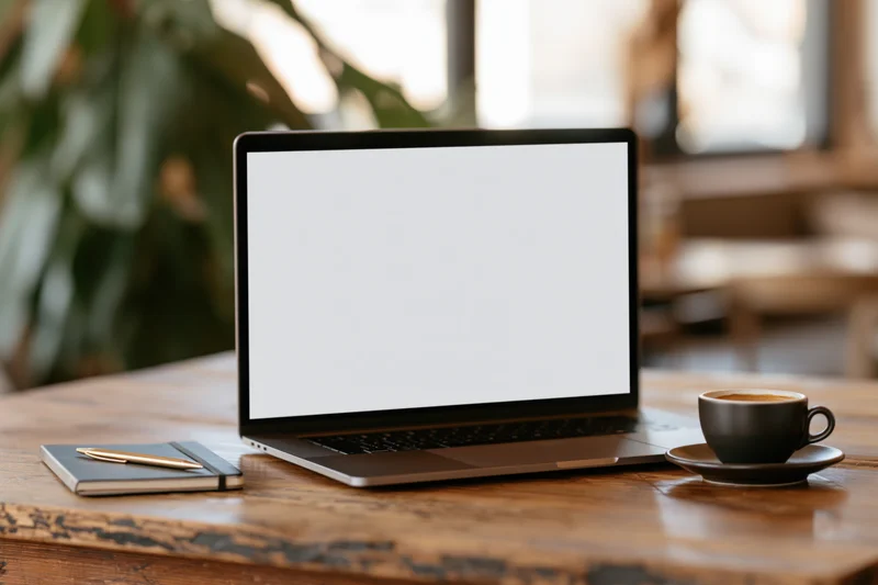 Open laptop with blank screen on worn wooden desk beside coffee cup and notebook
