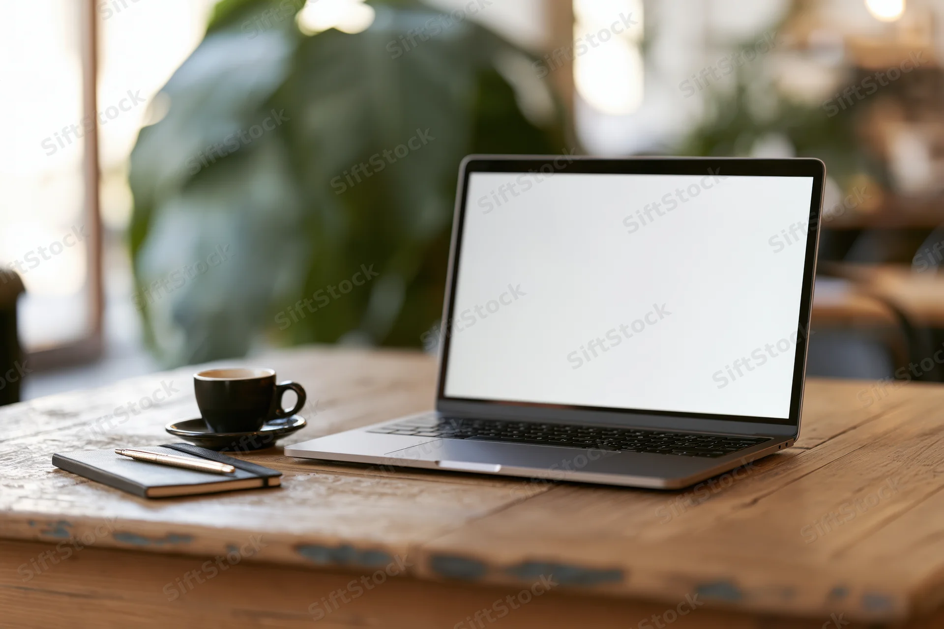 Open laptop with blank screen on worn wooden desk beside coffee cup and notebook, surrounded by green plant in soft daylight interior
