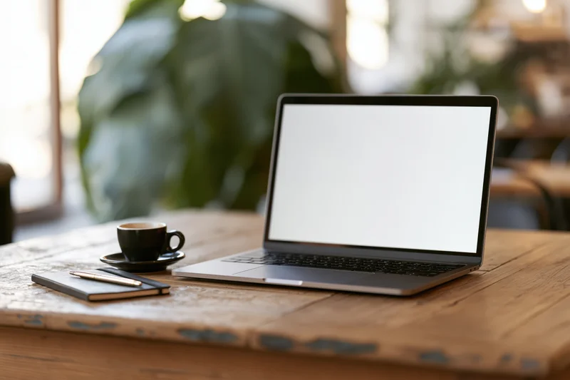 Open laptop with blank screen sitting on a worn wooden desk