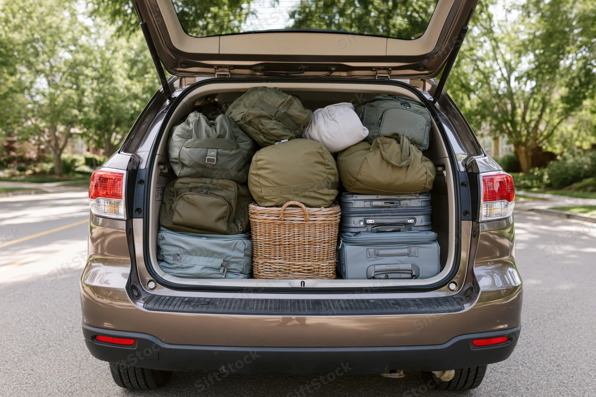 Open trunk of a dark bronze suv packed with luggage and bags for a road trip on a suburban street