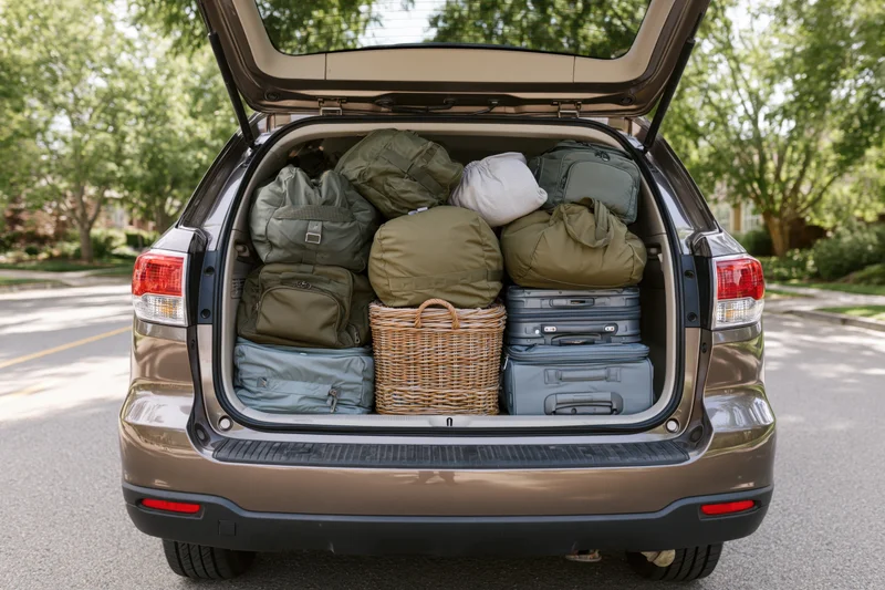 Open trunk of a dark bronze suv packed with luggage and bags for a road trip on a suburban street
