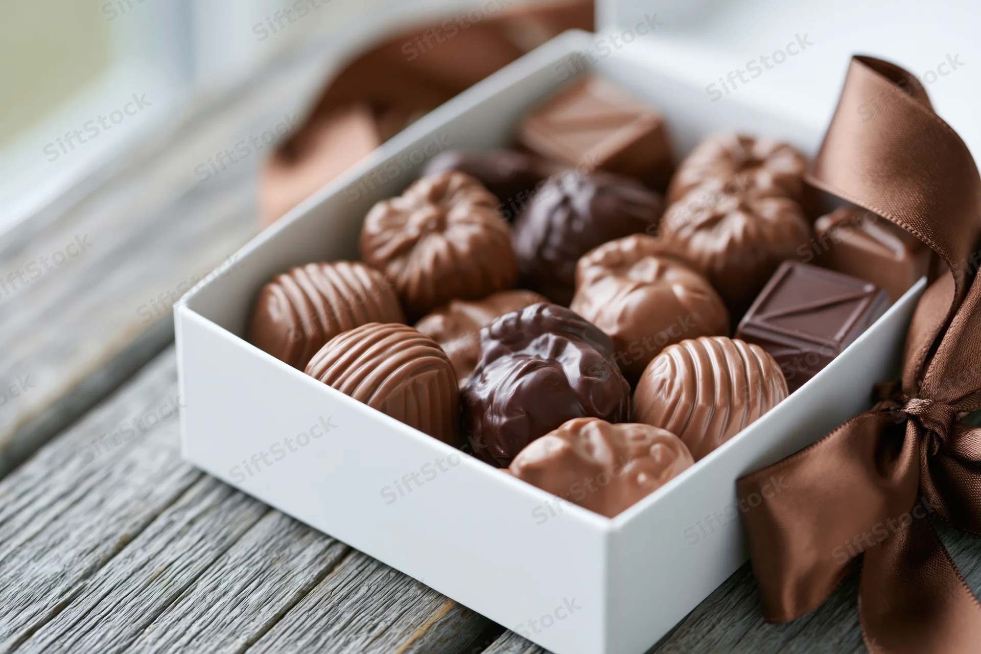Open white gift box filled with assorted chocolate truffles on wooden surface tied with brown satin ribbon