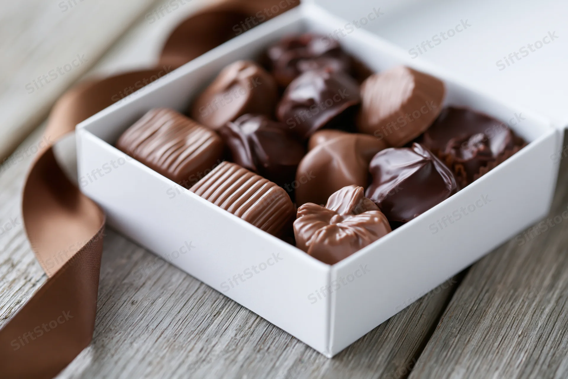 Open white gift box filled with assorted chocolate truffles on wooden surface with brown ribbon
