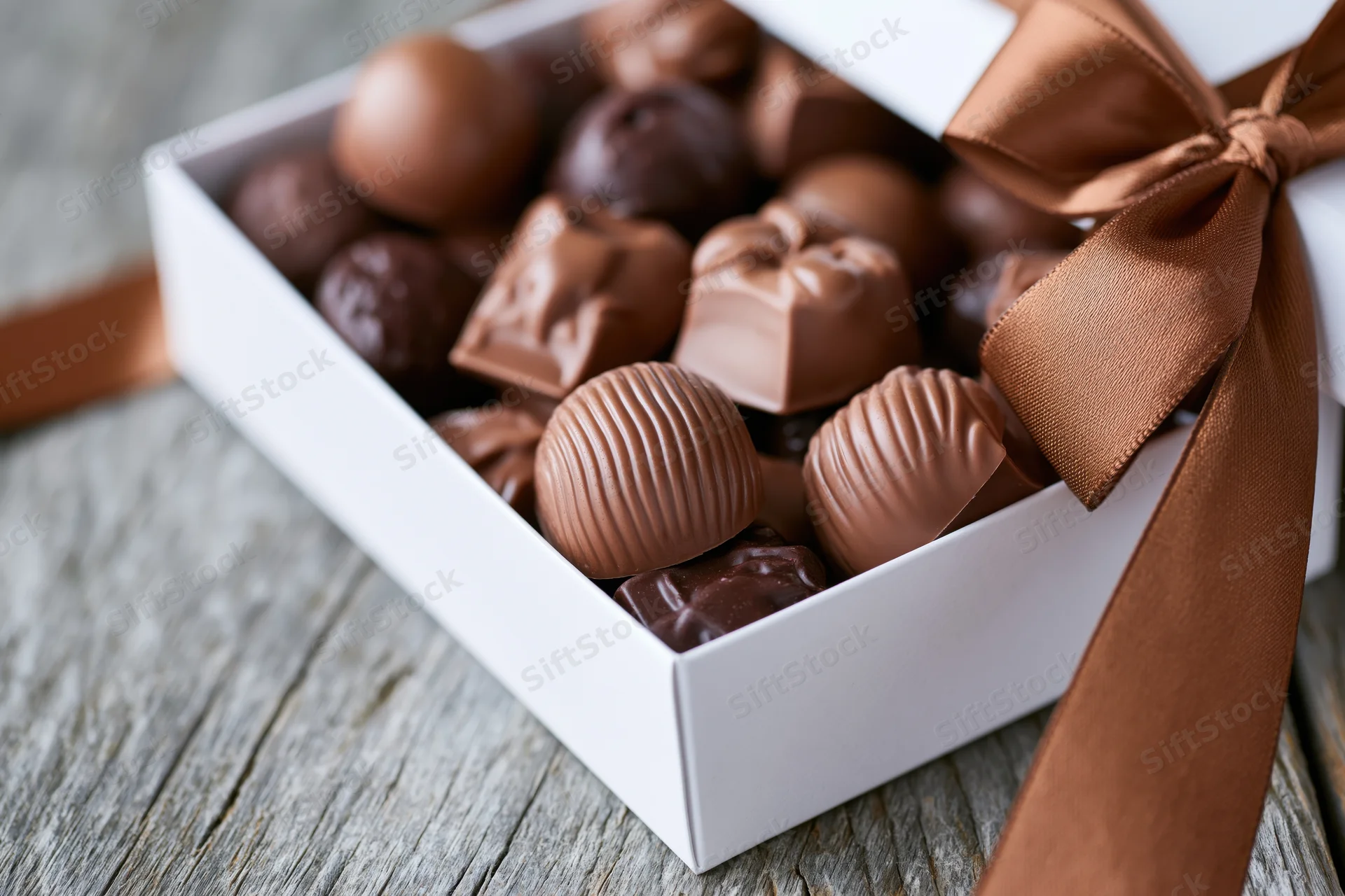 Open white gift box filled with assorted chocolate truffles on wooden surface tied with brown ribbon