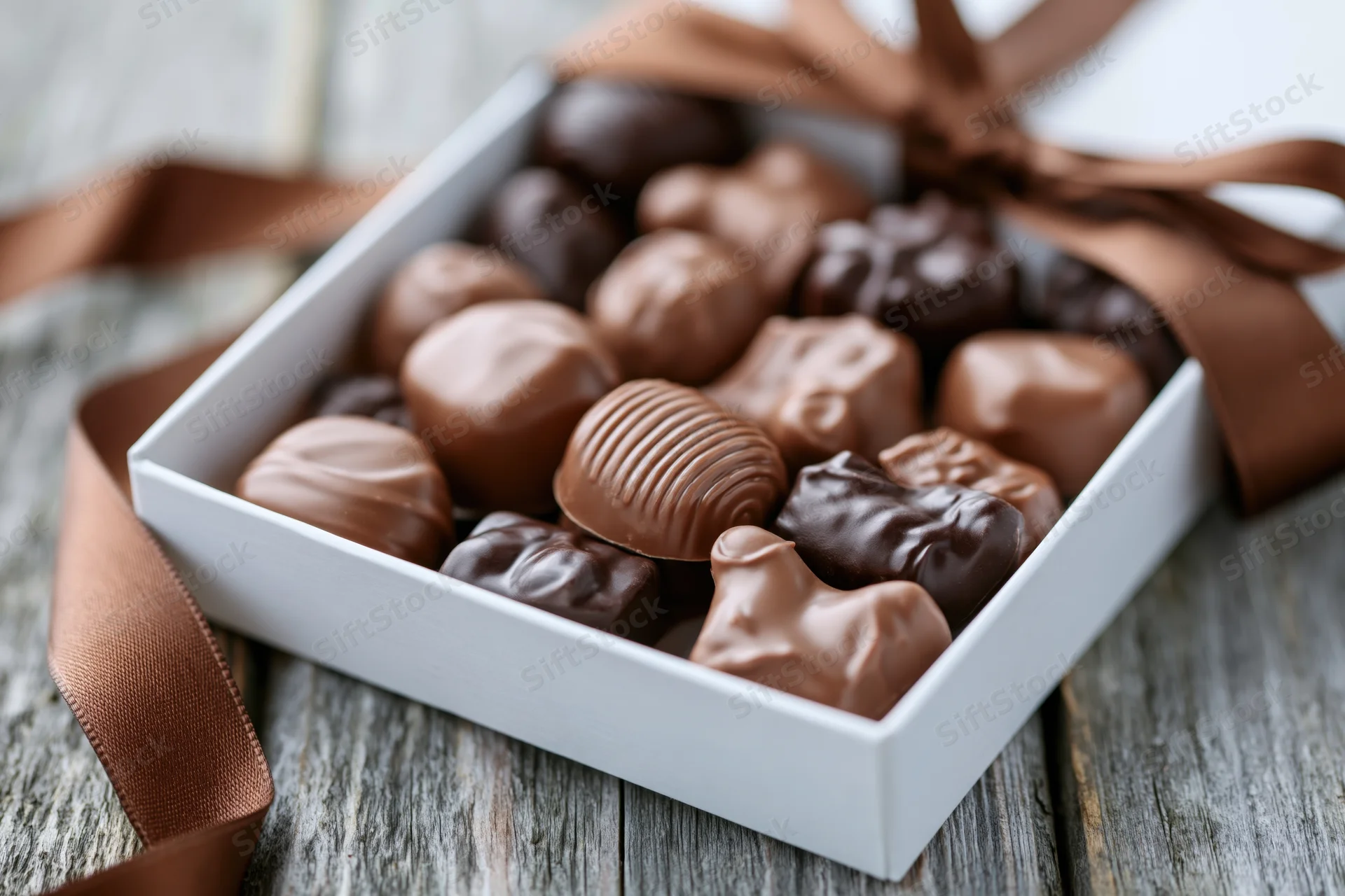 Open white gift box filled with assorted chocolate truffles on wooden surface tied with brown ribbon