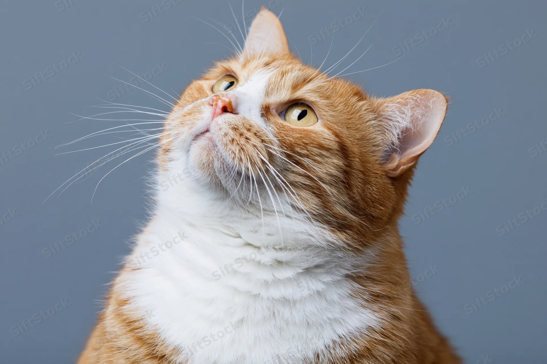 Orange and white tabby cat looking upward with alert curiosity against gray background