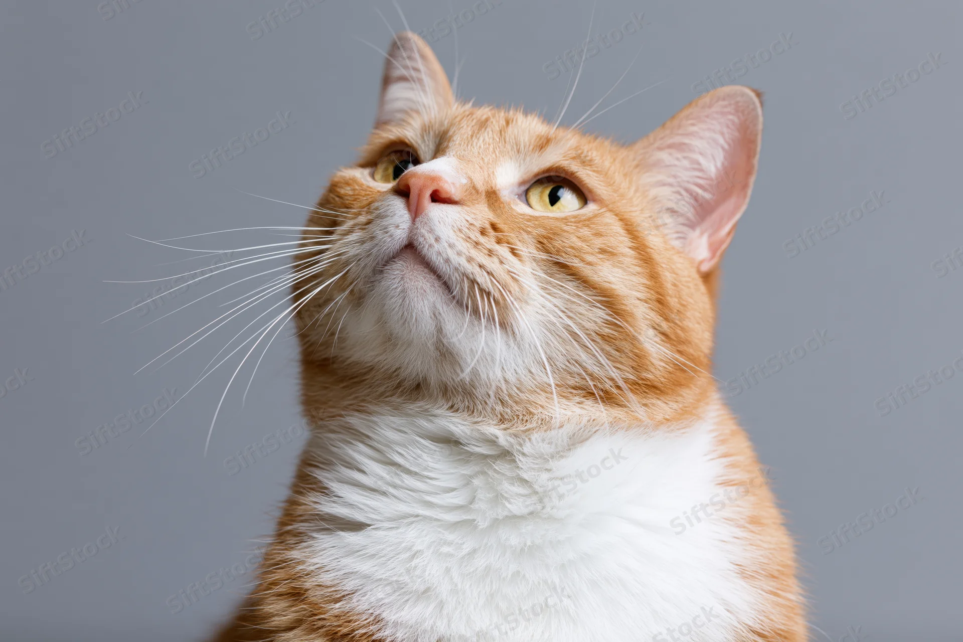 Orange and white tabby cat looking upward with alert curiosity against gray background