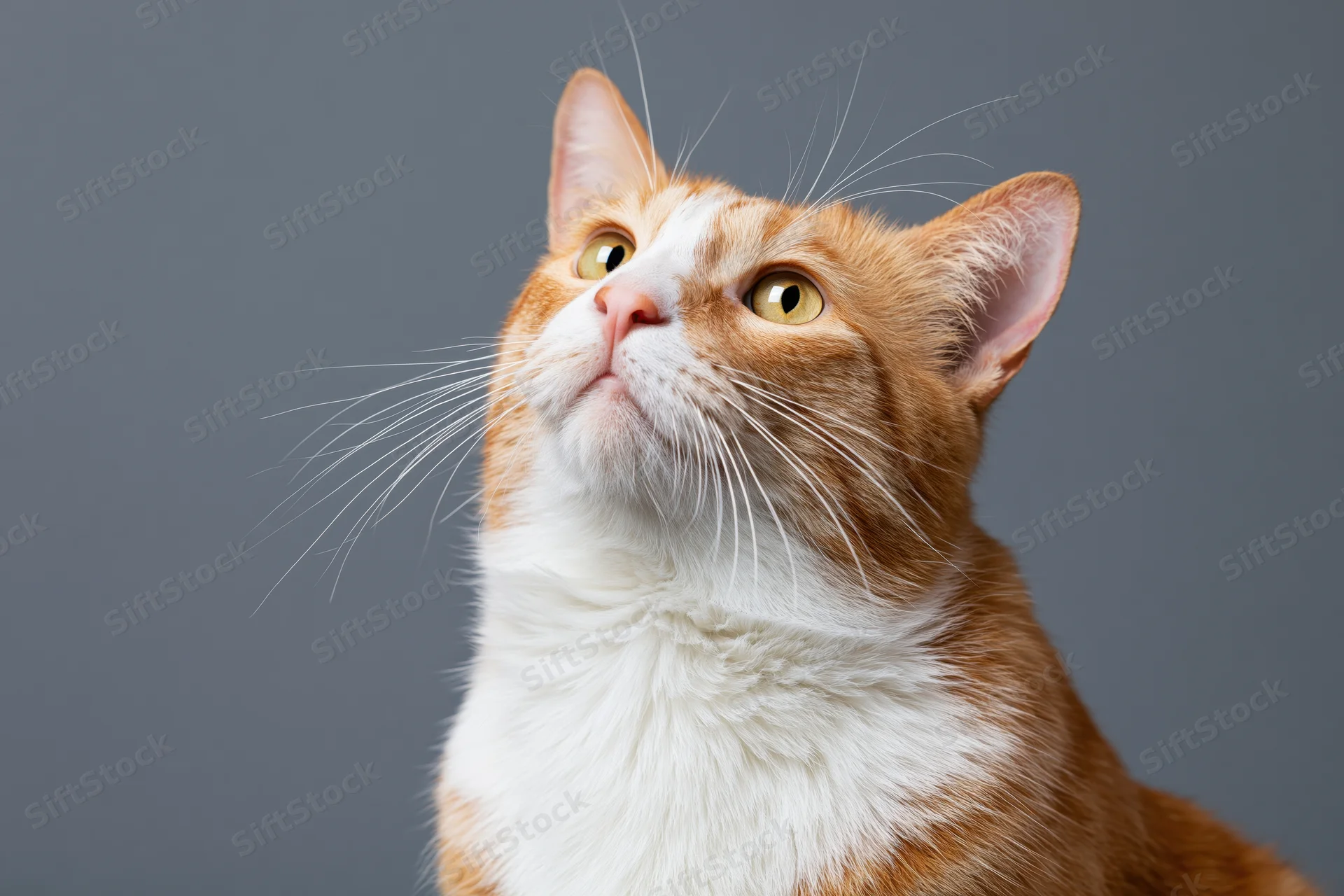 Orange and white tabby cat looking upward with alert curiosity against gray background