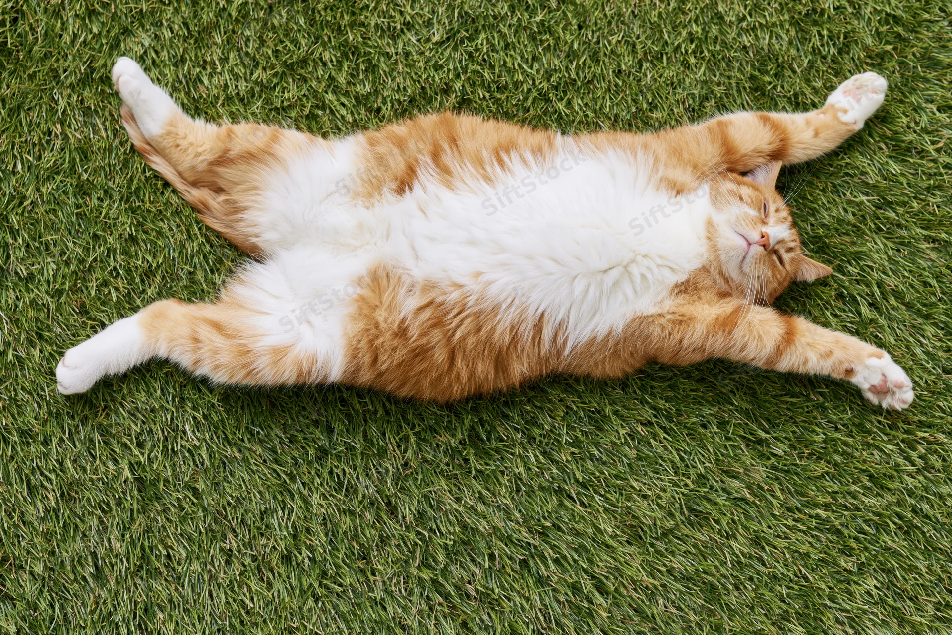 Orange and white tabby cat lying on its back fully stretched on green grass