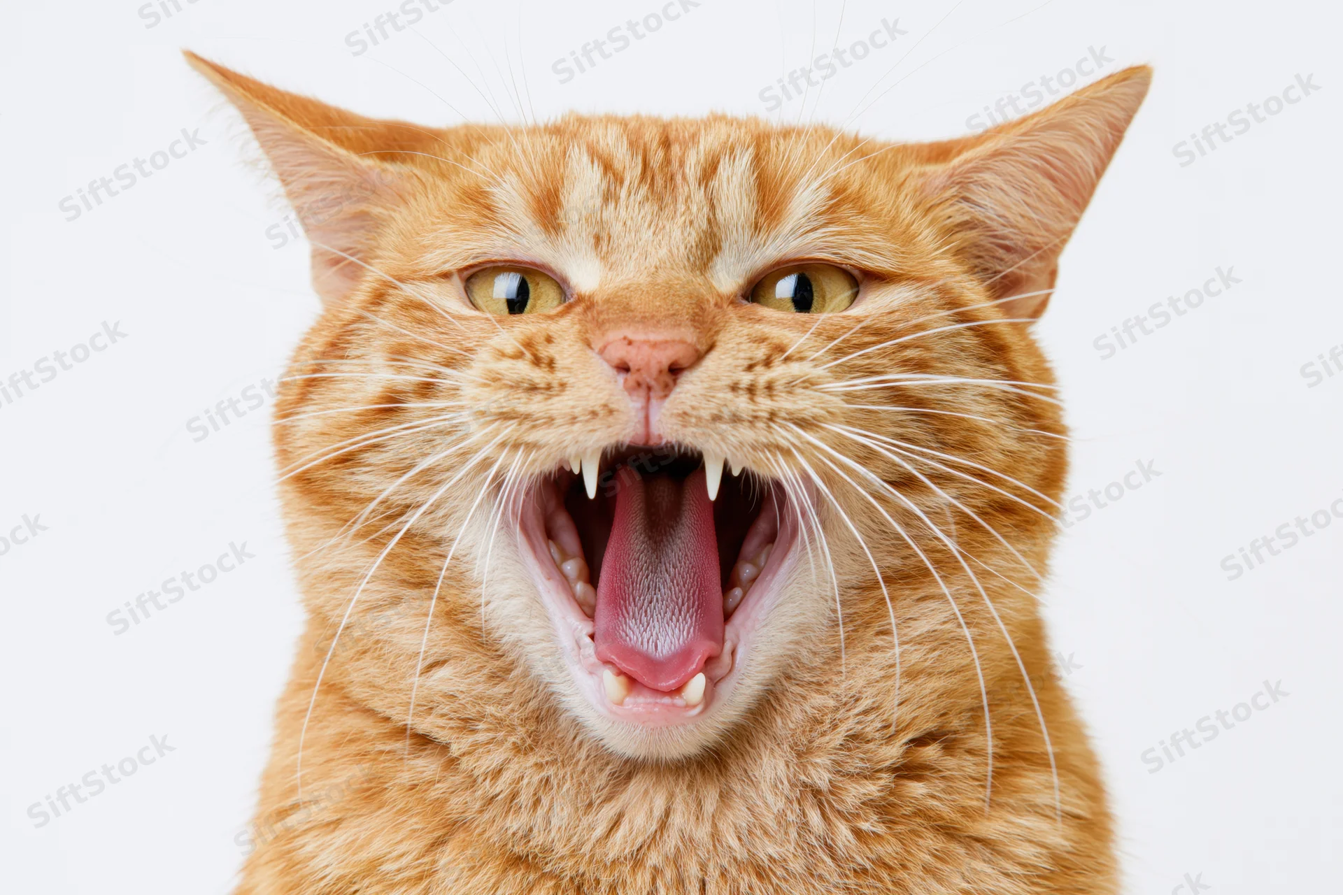 Orange tabby cat mid-meow with mouth wide open showing teeth and pink tongue against white background