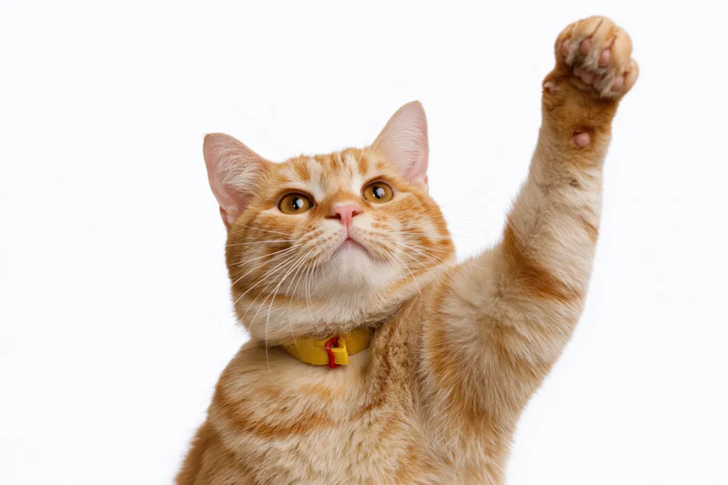 Orange tabby cat raises front paw looking up with yellow collar