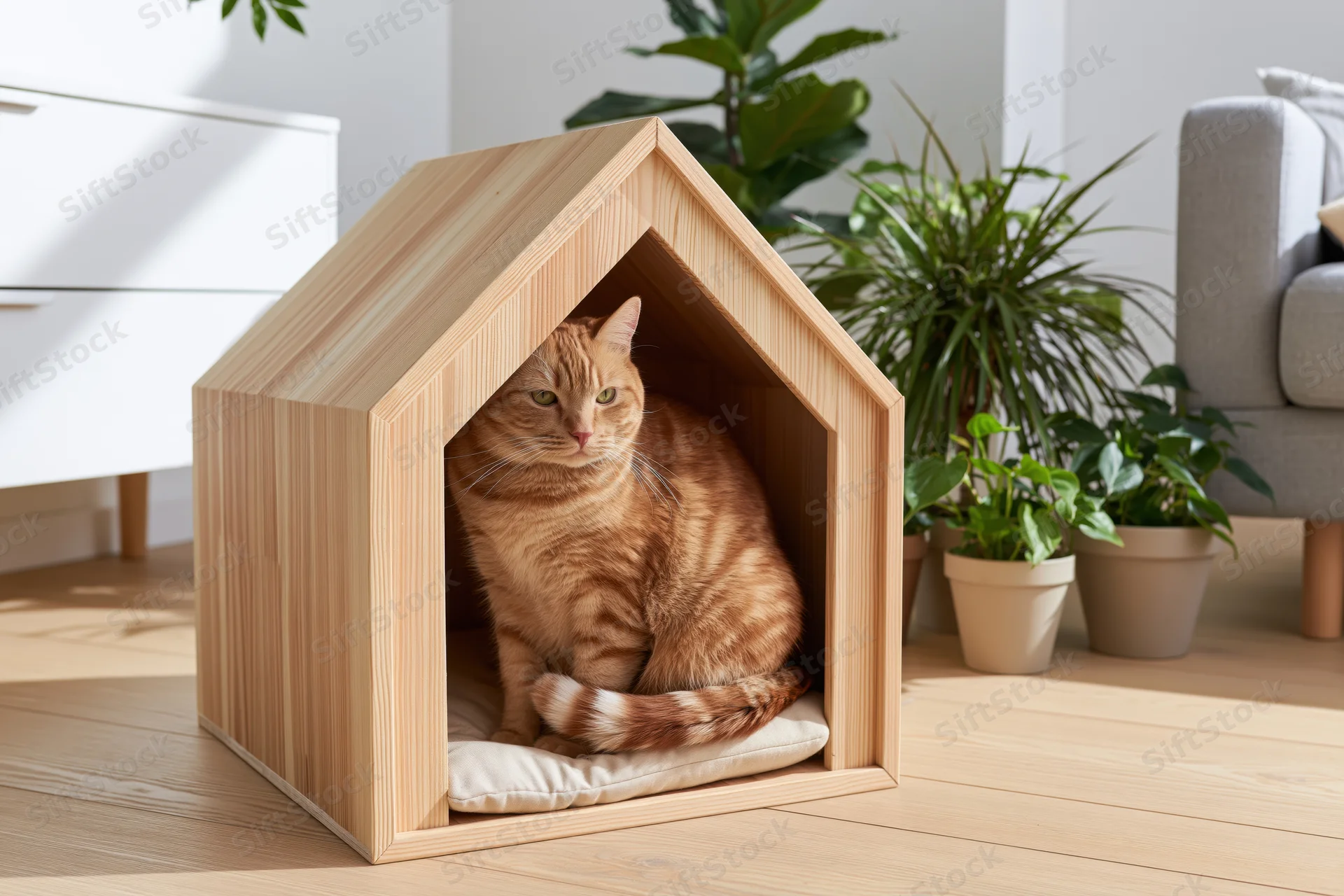 Orange tabby cat sitting inside wooden house-shaped pet shelter in living room