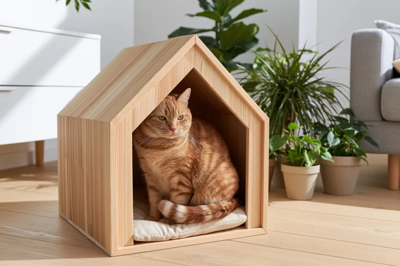 Orange tabby cat sitting inside wooden house-shaped pet shelter in living room