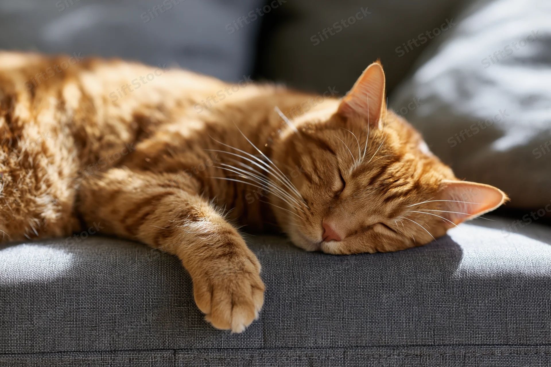 Orange tabby cat sleeping on grey fabric sofa