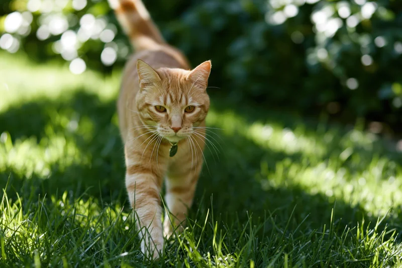Orange tabby cat walking through tall green grass toward the camera in a sunlit garden